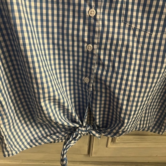 French Connection Blue & White Gingham Plaid Reta Tie Front Oversized Button Up - Picture 6 of 7